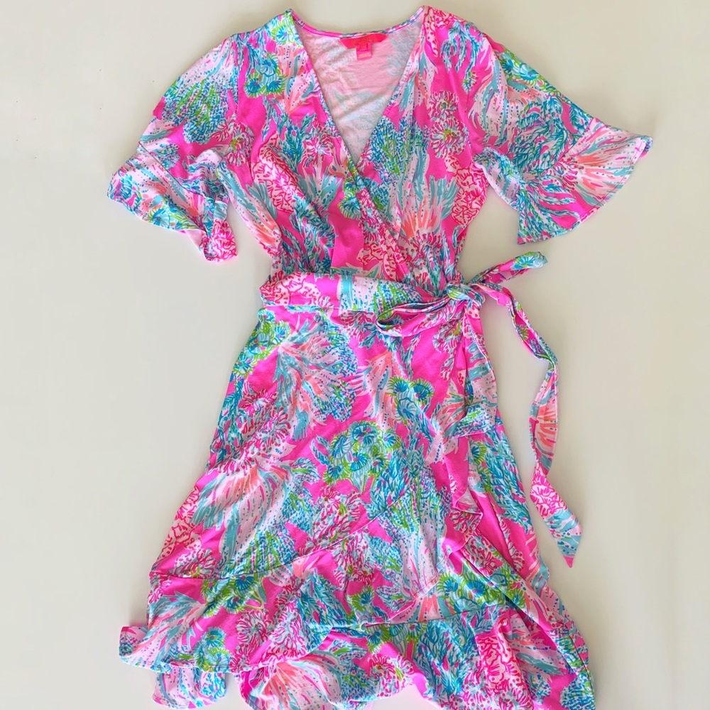 Lilly Pulitzer Neon Pink Faux-Wrap Dress in Womens Size Small